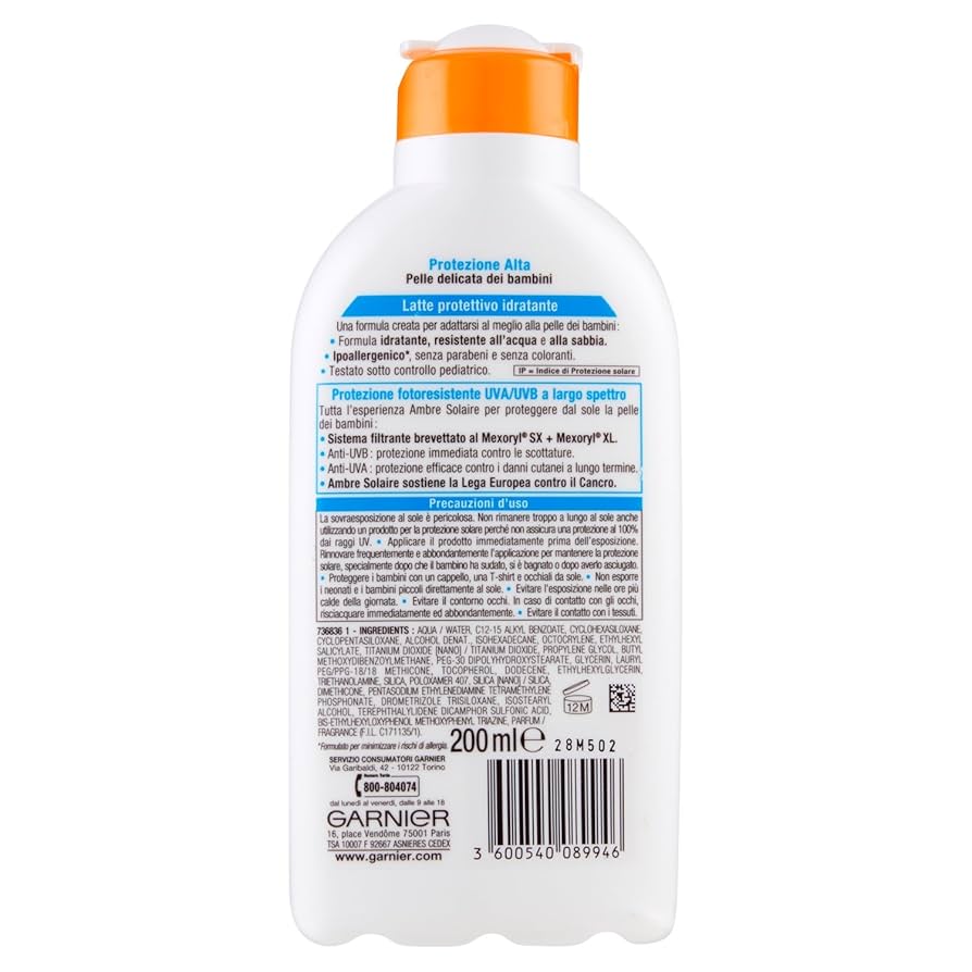 Garnier Ambre Solaire Protezione Solare Resistente per Bambini, Latte Idratante senza Parabeni, Protezione Alta IP30, 200 ml
