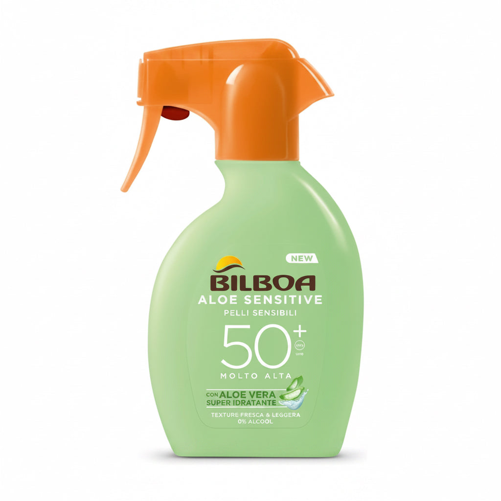 Bilboa, Protezione Solare Corpo Aloe Sensitive Trigger SPF 50+, Spray Solare Alta per Pelli Sensibili, Formula con Aloe Vera, Senza Alcool, Resistente all'Acqua, 250 ml