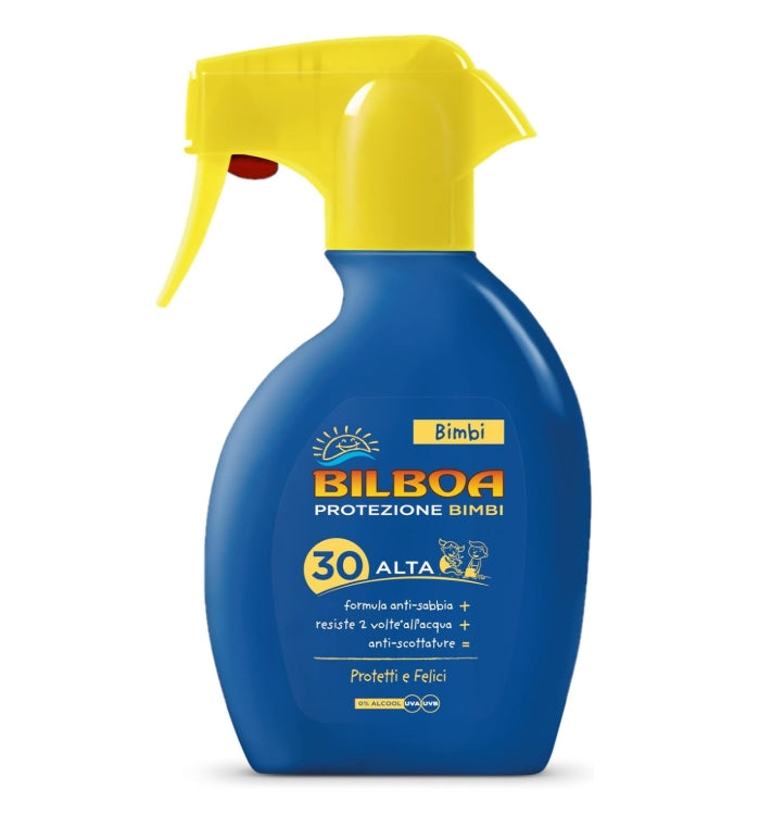 Bilboa, Bimbi Trigger Solare Bambini con Protezione SPF 30 - Spray Senza Alcool - Formula Anti Sabbia, Resistente all'Acqua e Anti Scottature - Dermatologicamente Testato - 250 ml