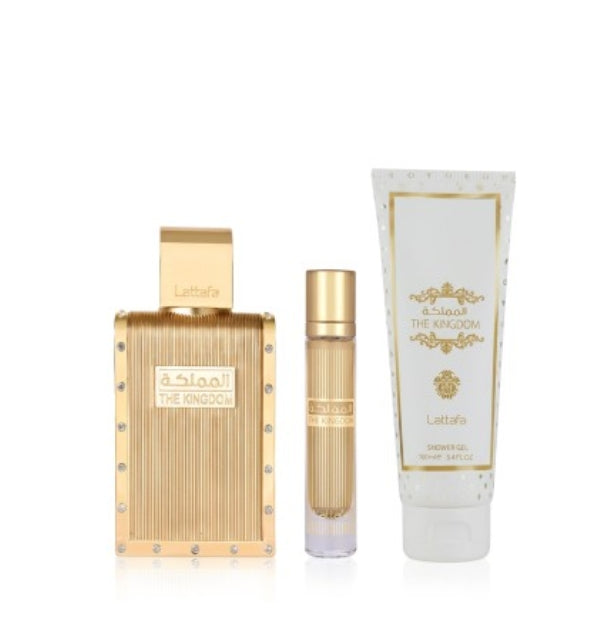 Lattafa The Kingdom EDP 100 ml + EDP MINI 12 ml + SG 100 ml (uomo)