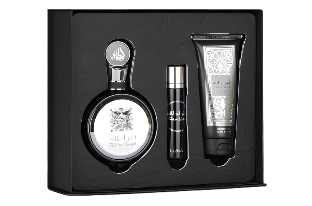 Lattafa Fakhar Black | Eau de Parfum da 100 ml, spray da viaggio da 12 ml e gel doccia da 100 ml | Set regalo Lattafa Fragrance da uomo