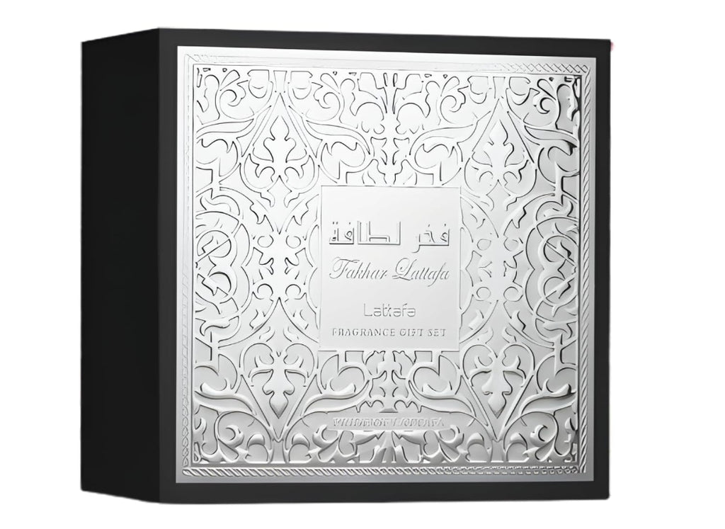 Lattafa Fakhar Black | Eau de Parfum da 100 ml, spray da viaggio da 12 ml e gel doccia da 100 ml | Set regalo Lattafa Fragrance da uomo