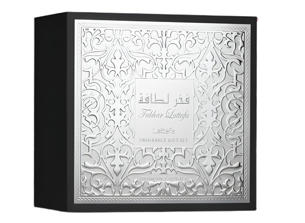 Lattafa Fakhar Black | Eau de Parfum da 100 ml, spray da viaggio da 12 ml e gel doccia da 100 ml | Set regalo Lattafa Fragrance da uomo