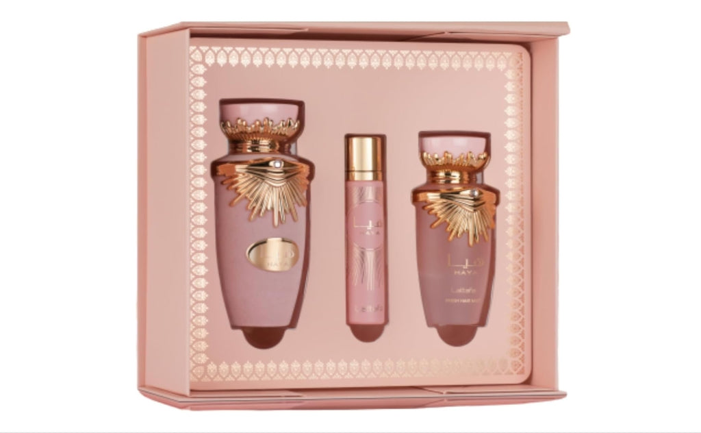 Lattafa Haya Gift Set - Eau de Parfum da 100 ml, spray da viaggio da 12 ml e spray per capelli da 50 ml | Fragranza araba floreale dolce fruttata per donne
