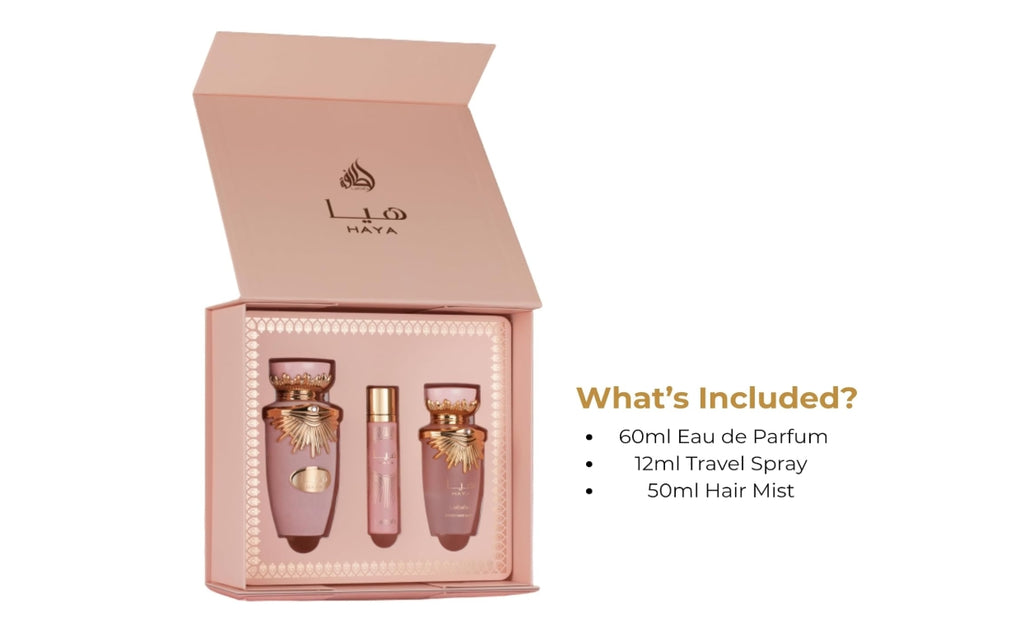 Lattafa Haya Gift Set - Eau de Parfum da 100 ml, spray da viaggio da 12 ml e spray per capelli da 50 ml | Fragranza araba floreale dolce fruttata per donne