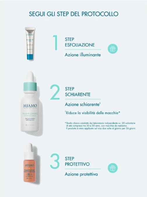 Miamo Protocollo Schiarente Illuminante e Protettivo Pigment Control 30ml + Renewal Peel 5ml + Pigment Defense Tinted SPF50+ 10ml